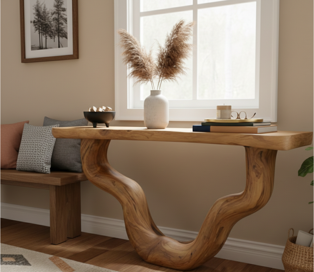 Organic Web Hand-Carved Solid Wood Console Table – Sculptural Abstract Entry Statement