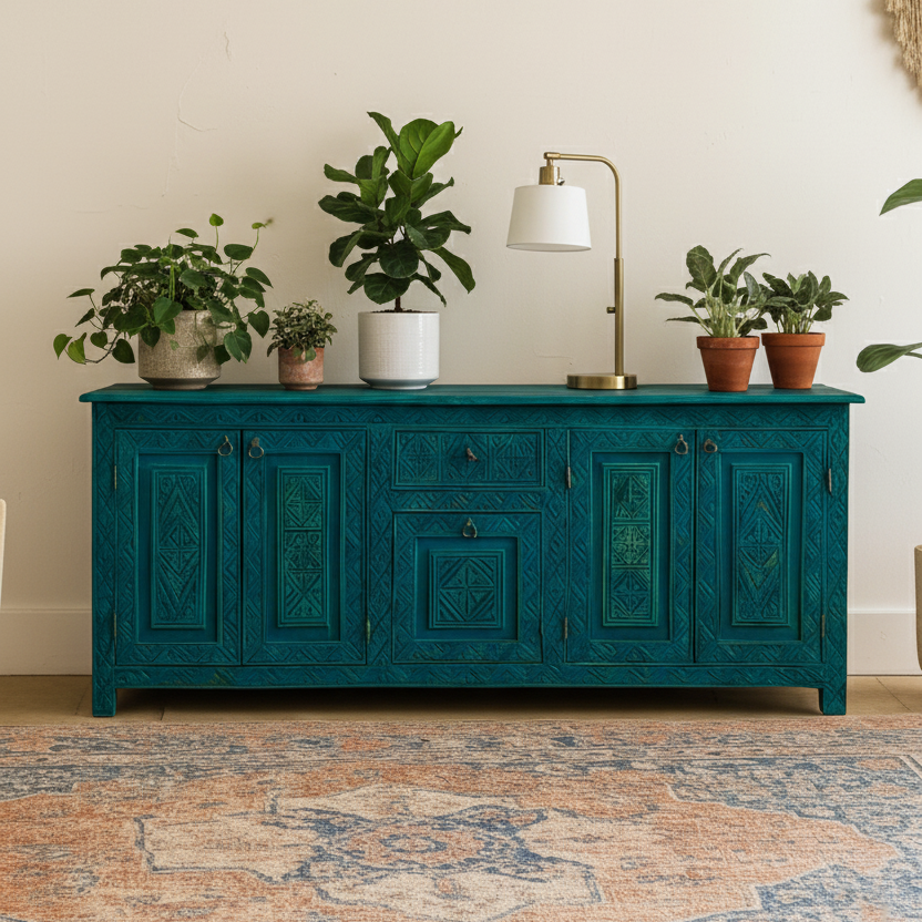 Moroccan Handmade Abstract Geometric Sideboard – Hand Painted Real Wood Console Table & Cabinet