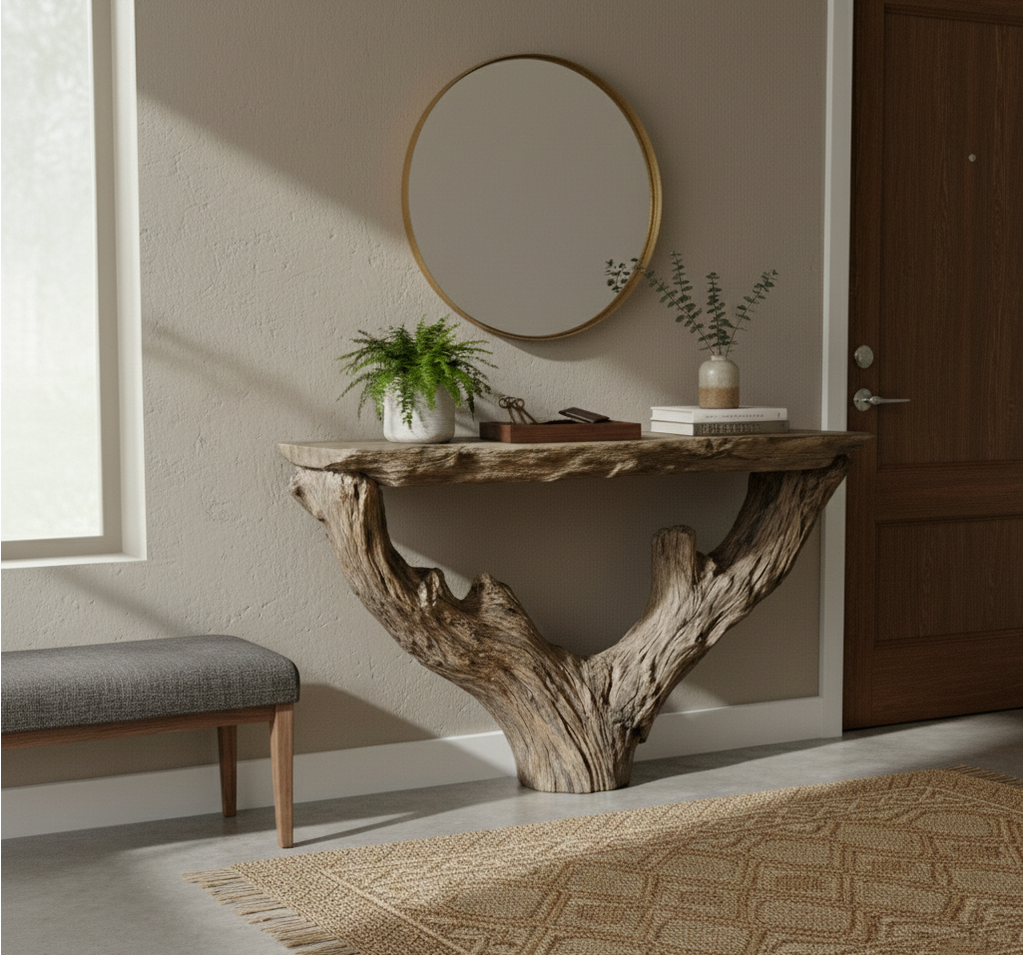 Monolith Live-Edge Solid Wood & Stone Console Table – Sculptural Rustic Statement