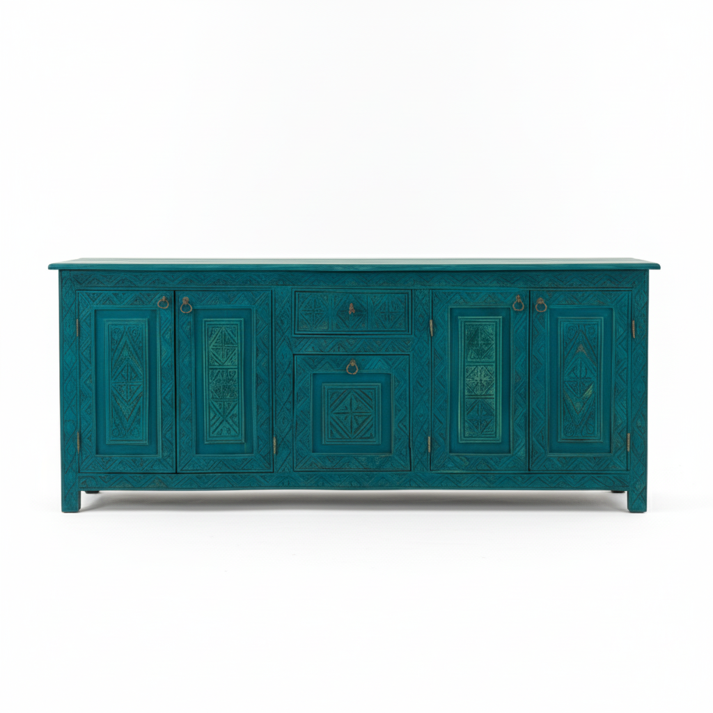 Moroccan Handmade Abstract Geometric Sideboard – Hand Painted Real Wood Console Table & Cabinet