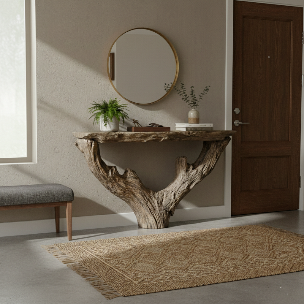 Monolith Live-Edge Solid Wood & Stone Console Table – Sculptural Rustic Statement