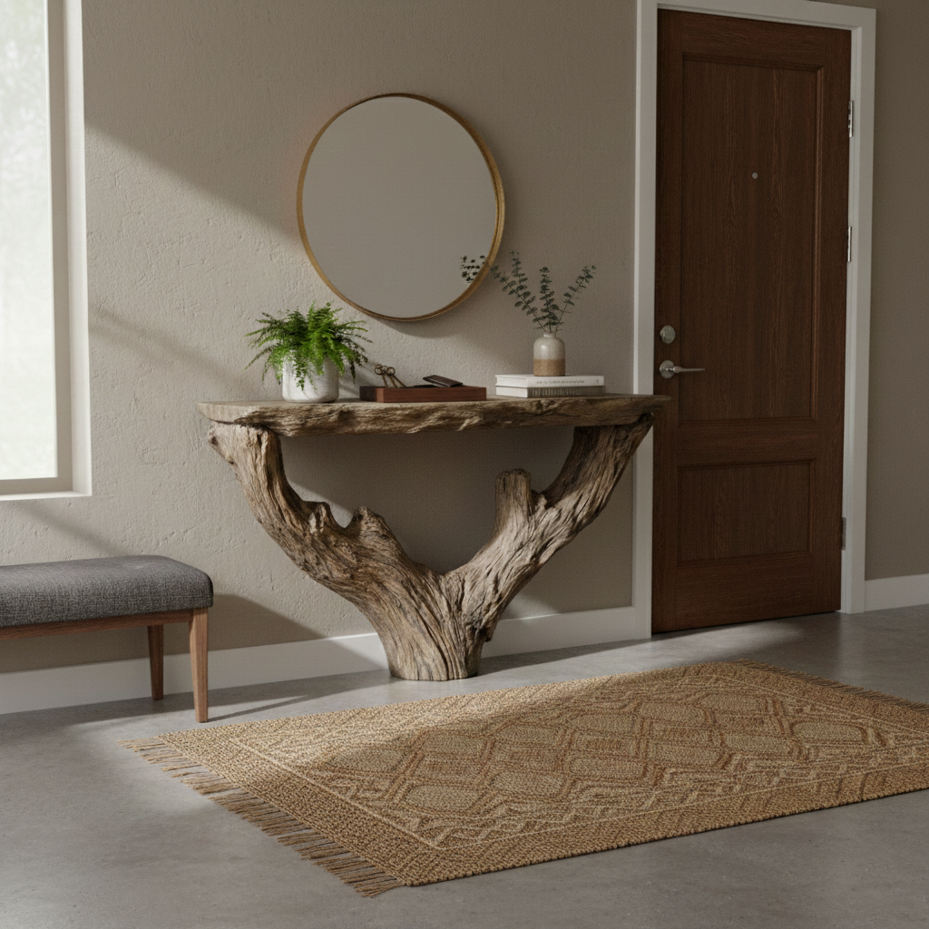 Monolith Live-Edge Solid Wood & Stone Console Table – Sculptural Rustic Statement