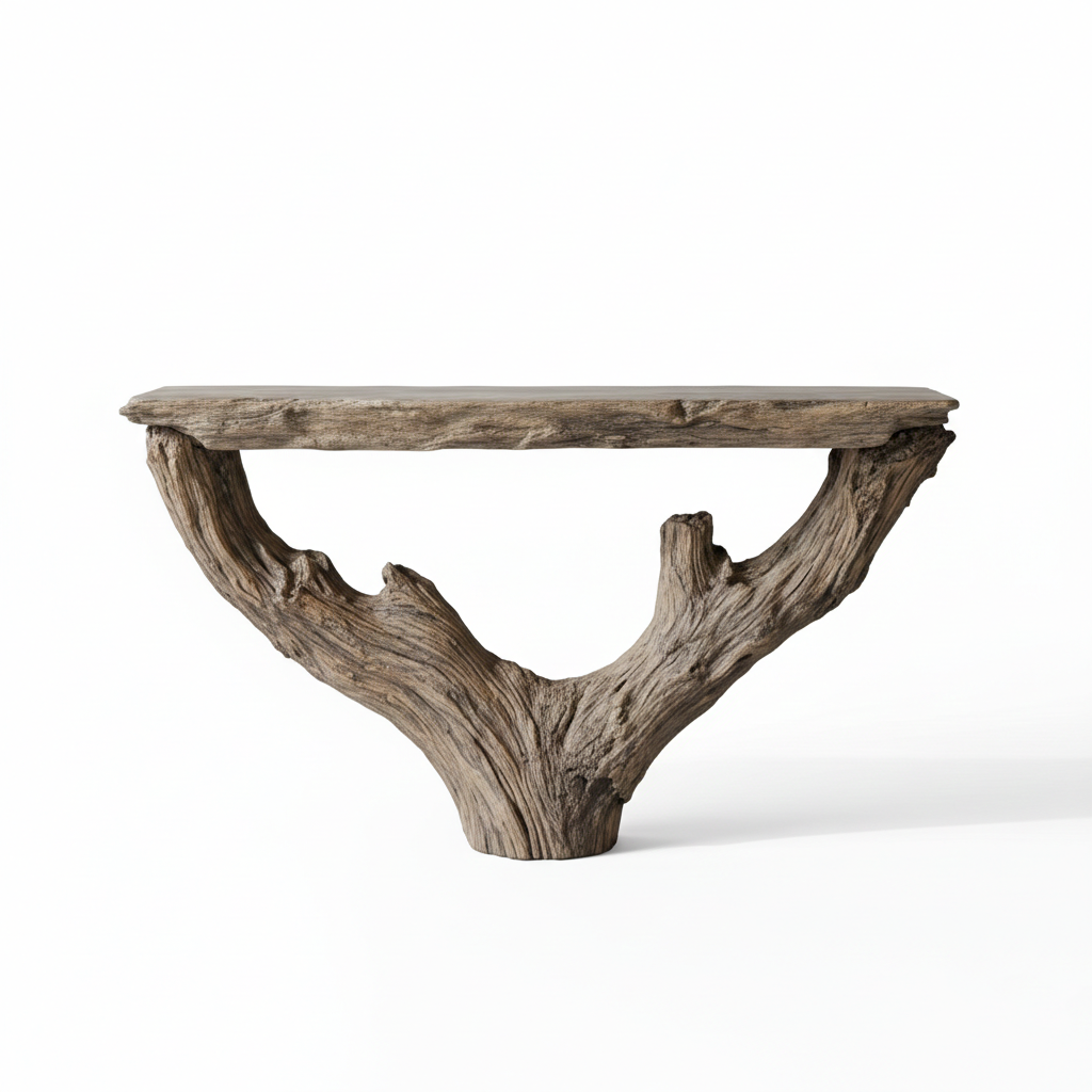 Monolith Live-Edge Solid Wood & Stone Console Table – Sculptural Rustic Statement