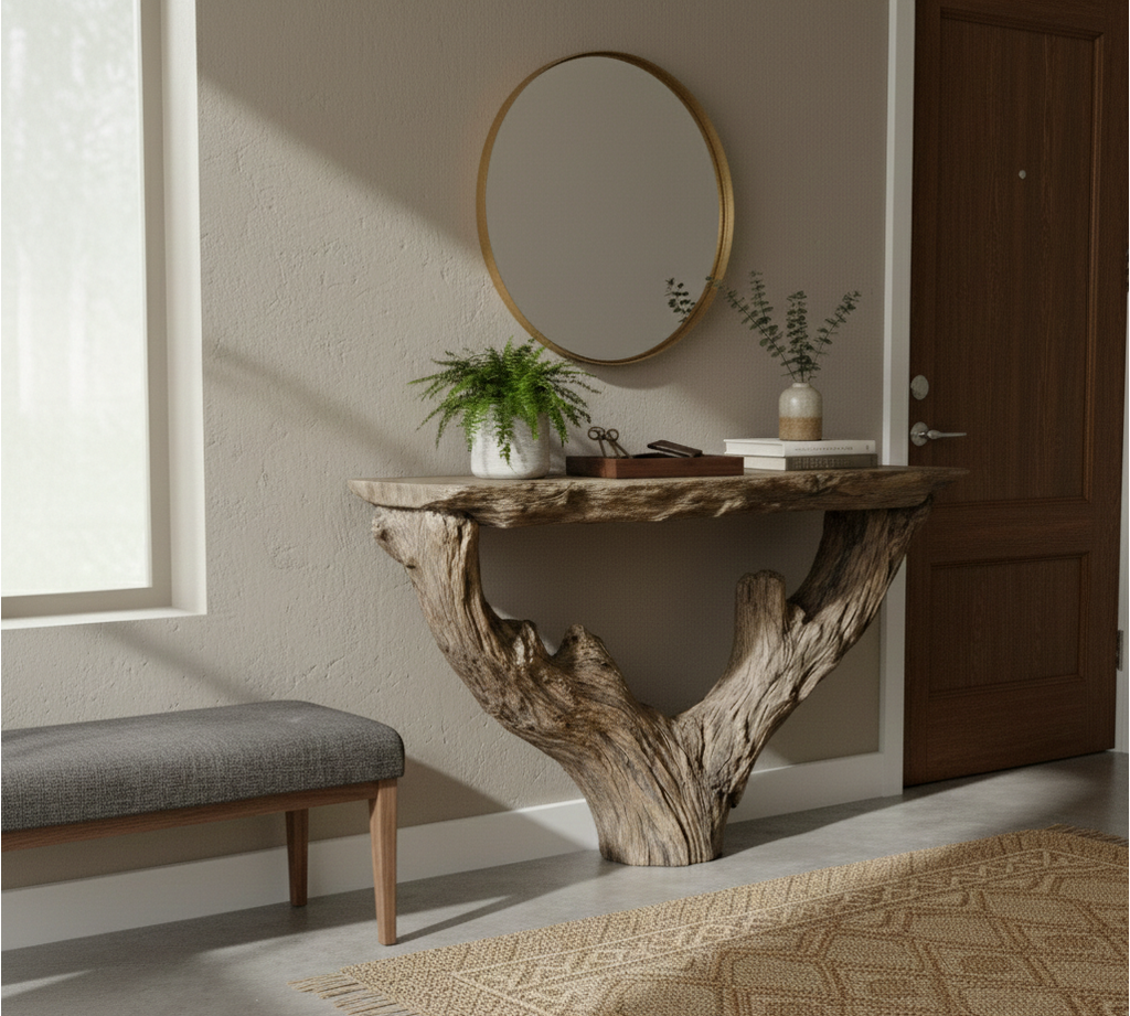 Monolith Live-Edge Solid Wood & Stone Console Table – Sculptural Rustic Statement