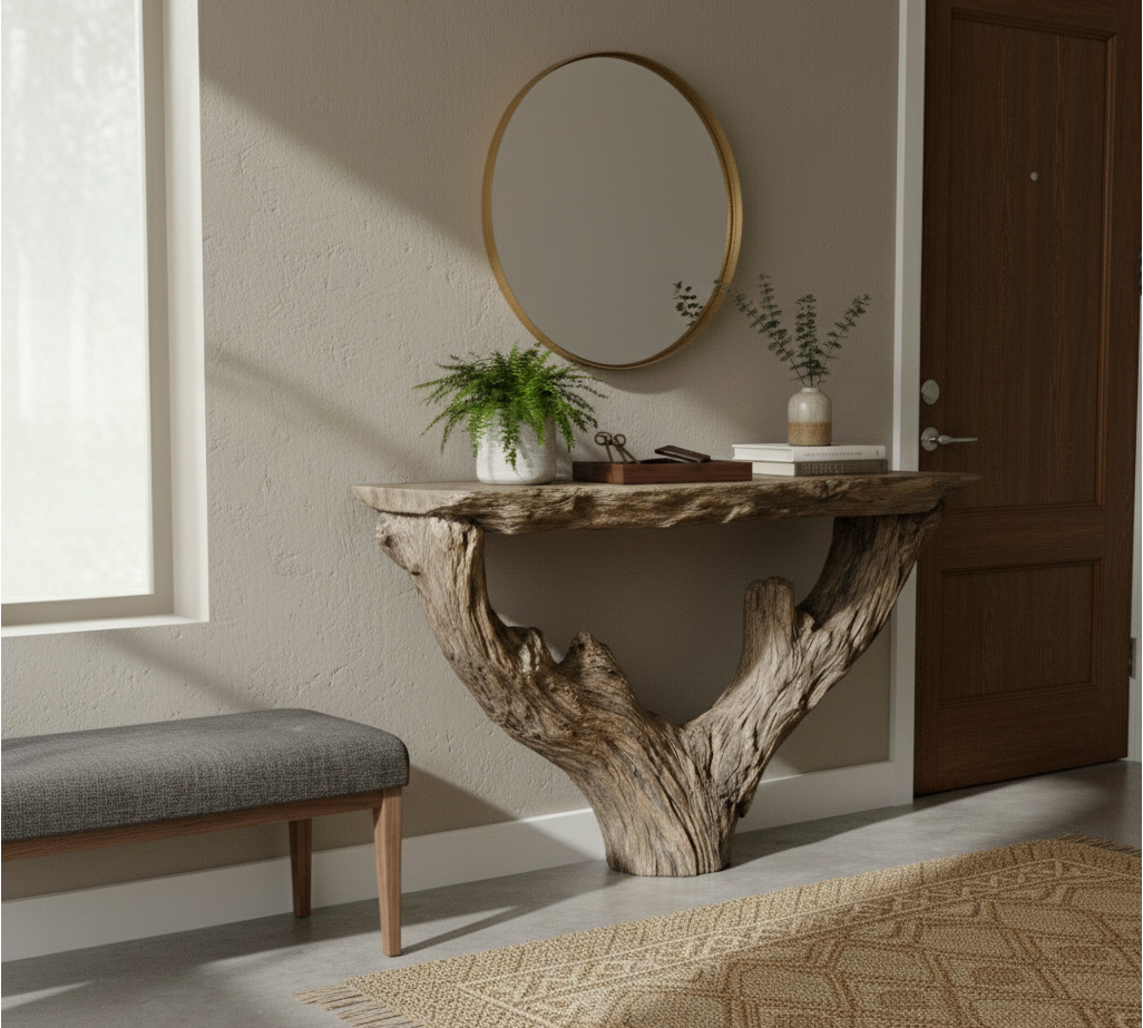 Monolith Live-Edge Solid Wood & Stone Console Table – Sculptural Rustic Statement