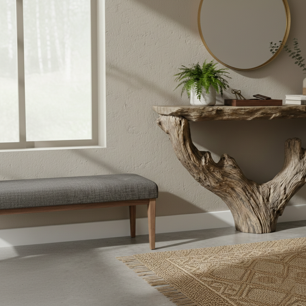 Monolith Live-Edge Solid Wood & Stone Console Table – Sculptural Rustic Statement