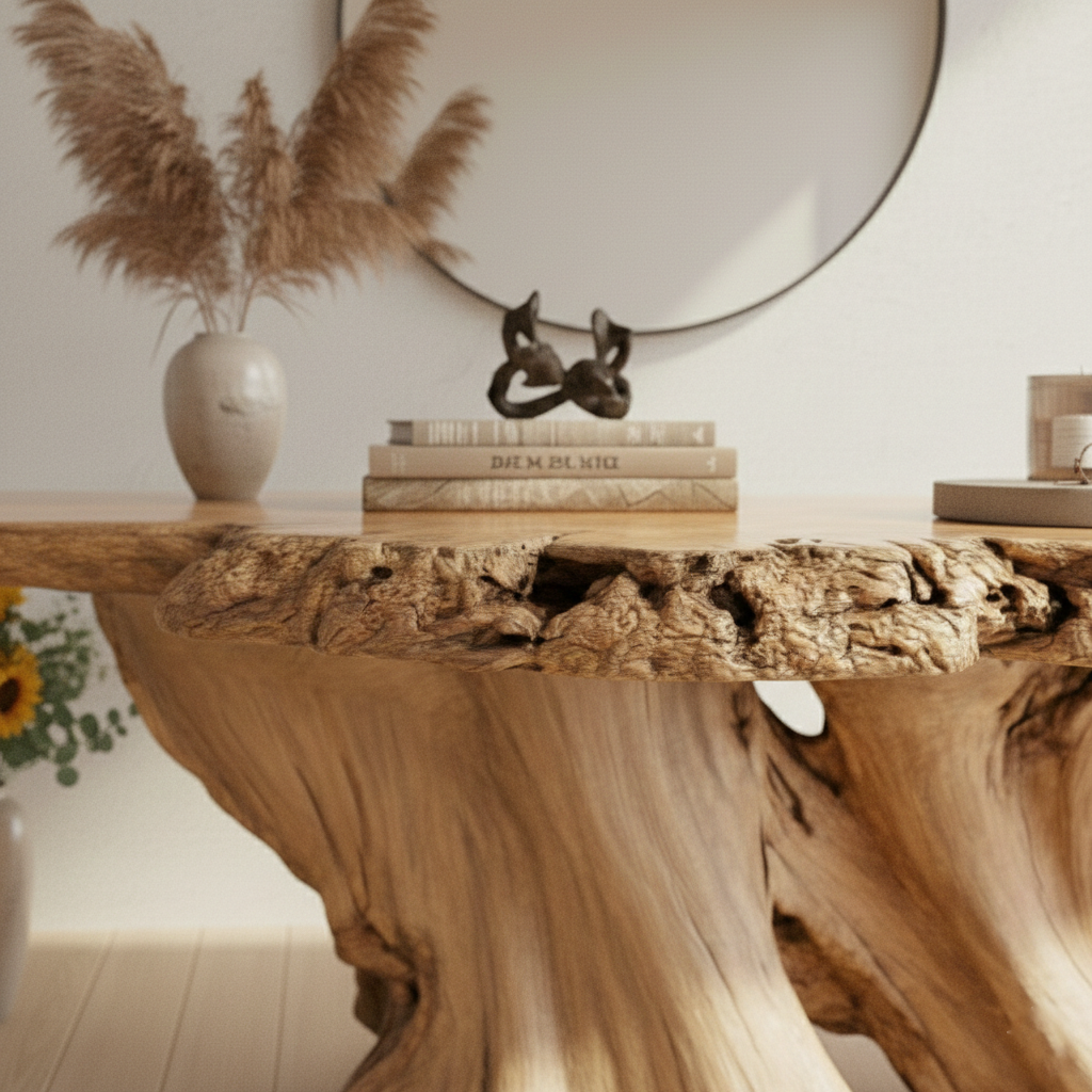 Organic Root Live-Edge Console Table – Handcrafted Natural Wood Sculptural Statement