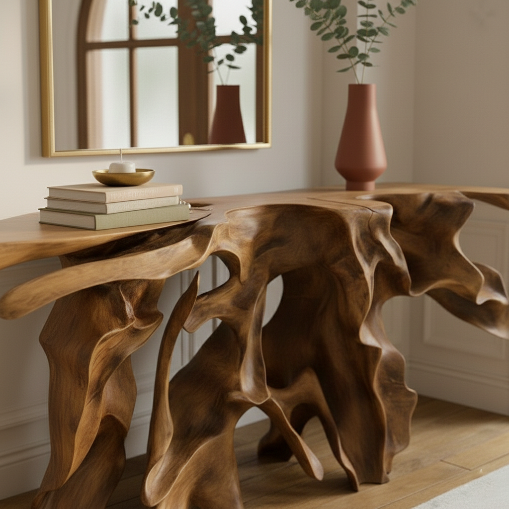 Architectural Root Console Table – Hand-Carved Organic Solid Wood Statement Piece