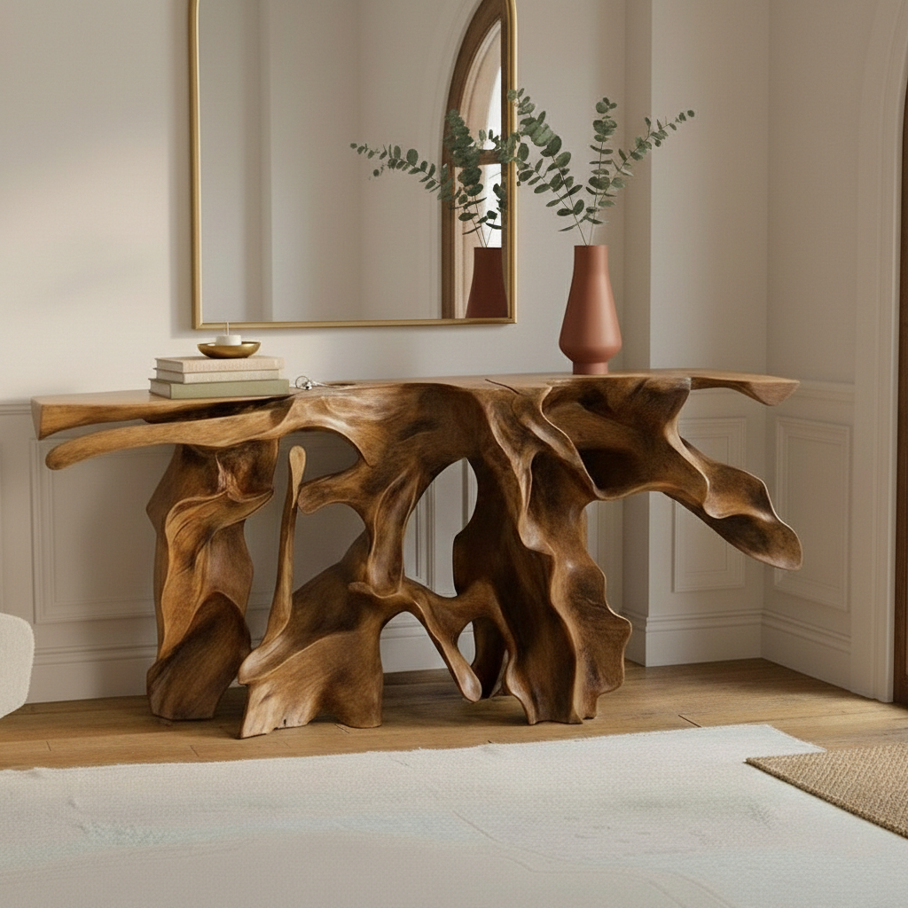 Architectural Root Console Table – Hand-Carved Organic Solid Wood Statement Piece