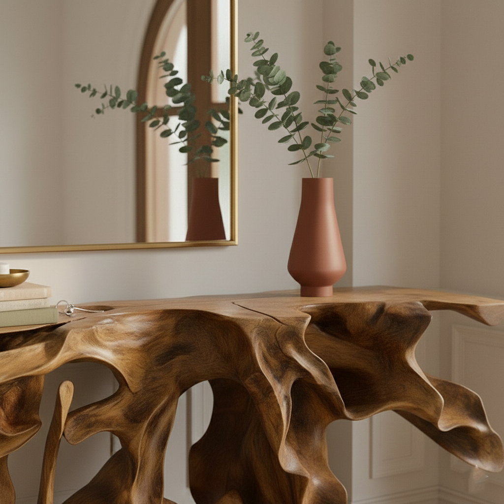 Architectural Root Console Table – Hand-Carved Organic Solid Wood Statement Piece
