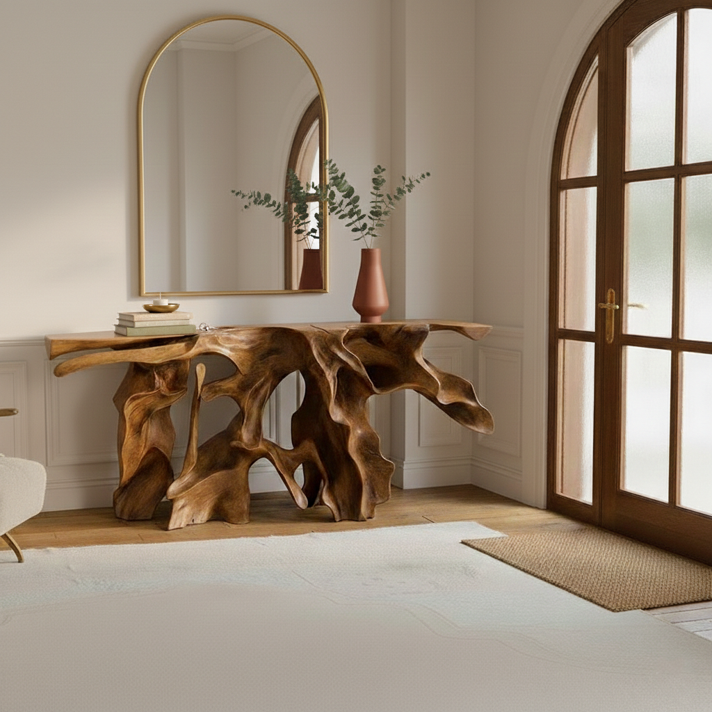 Architectural Root Console Table – Hand-Carved Organic Solid Wood Statement Piece