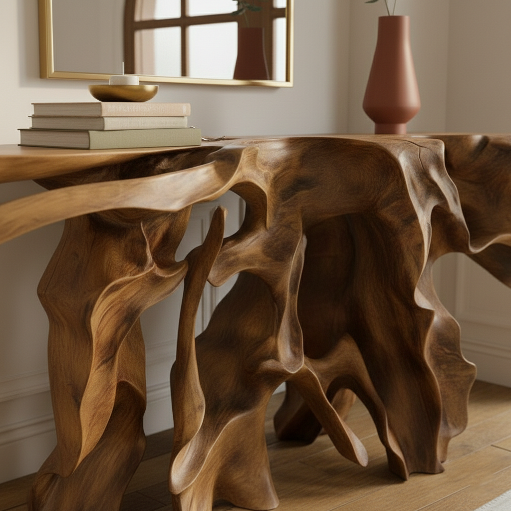 Architectural Root Console Table – Hand-Carved Organic Solid Wood Statement Piece