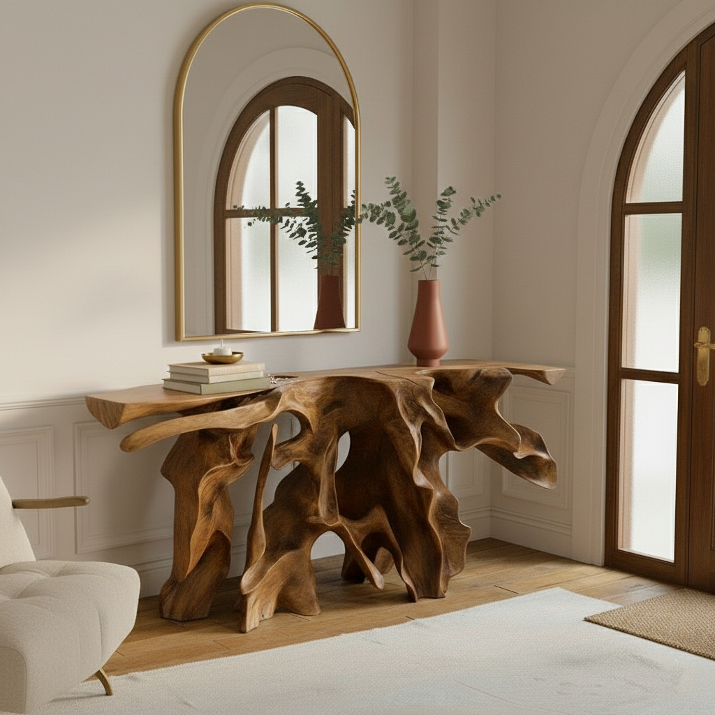 Architectural Root Console Table – Hand-Carved Organic Solid Wood Statement Piece
