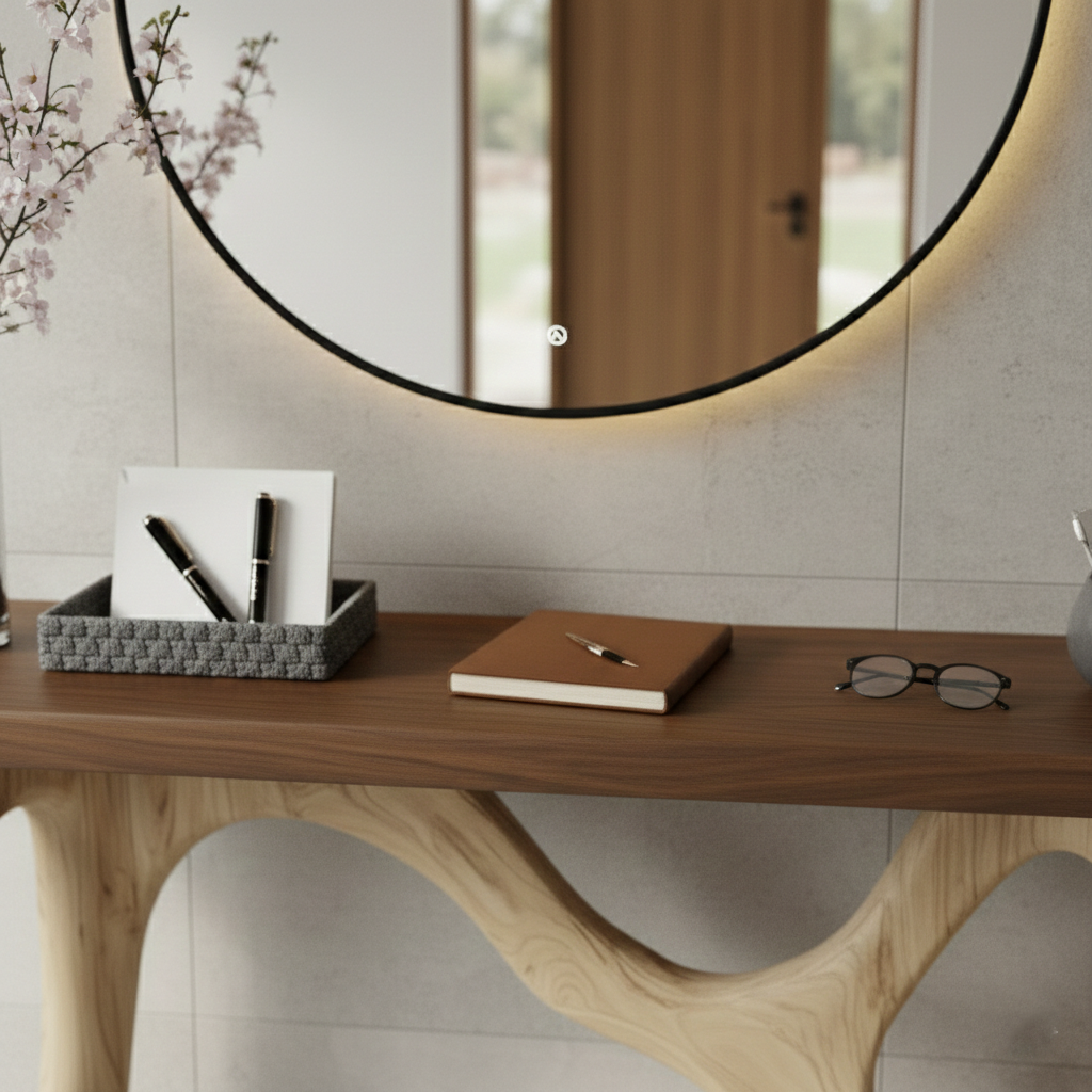 Industrial Timber Block Console Table – Solid Wood Brutalist Entryway Statement