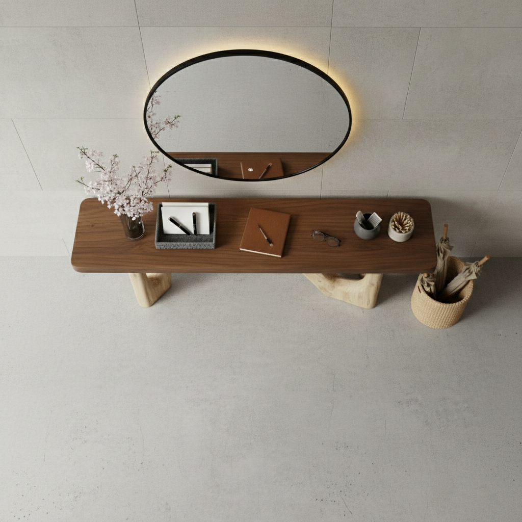 Industrial Timber Block Console Table – Solid Wood Brutalist Entryway Statement