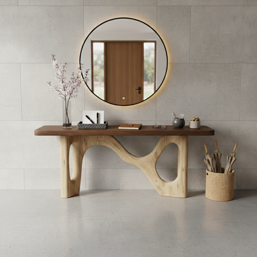 Industrial Timber Block Console Table – Solid Wood Brutalist Entryway Statement