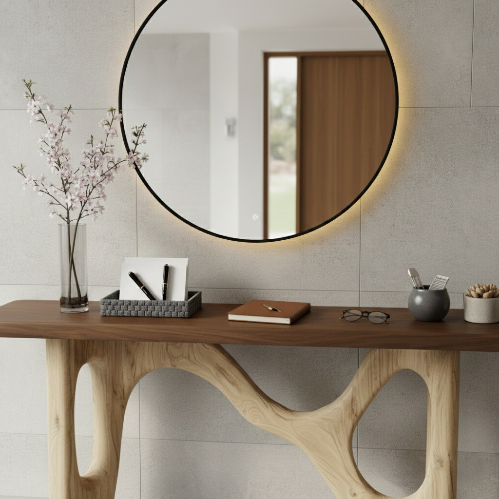 Industrial Timber Block Console Table – Solid Wood Brutalist Entryway Statement