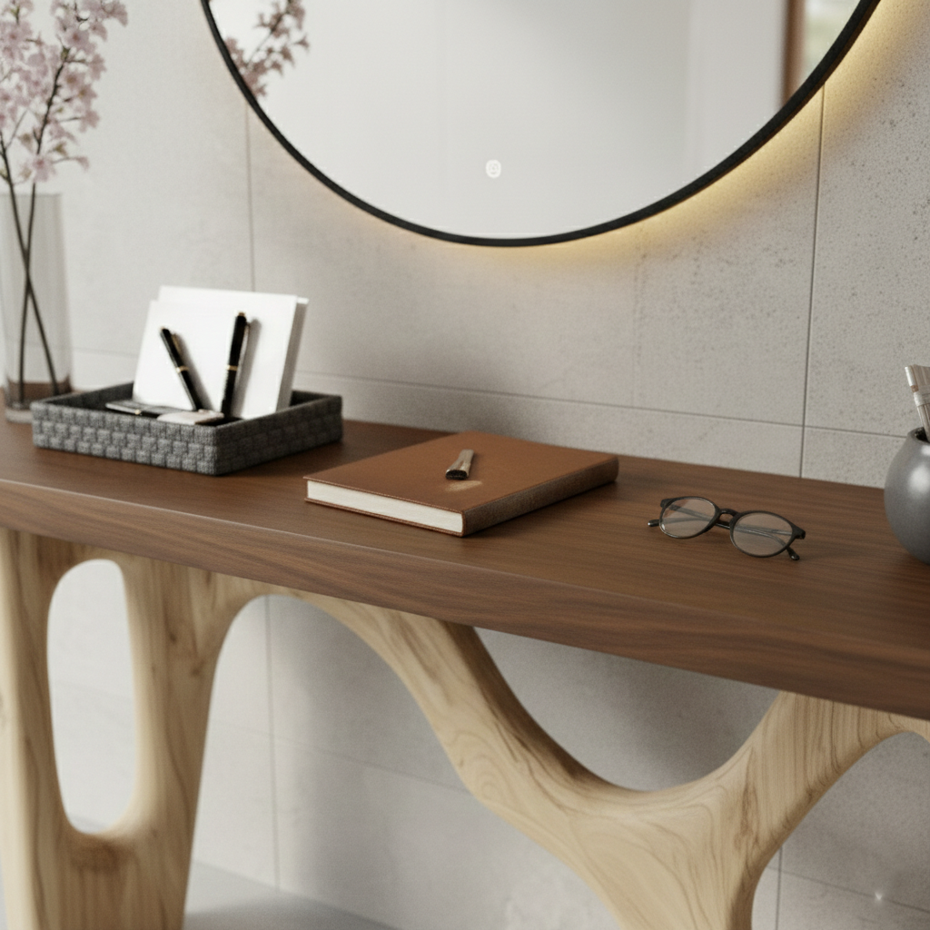 Industrial Timber Block Console Table – Solid Wood Brutalist Entryway Statement