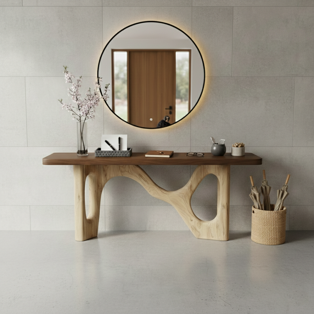 Industrial Timber Block Console Table – Solid Wood Brutalist Entryway Statement