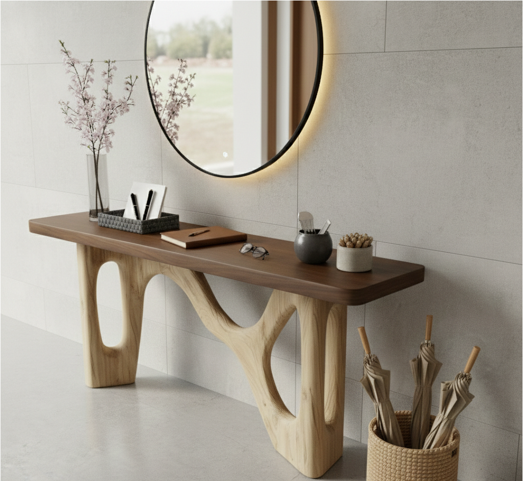 Industrial Timber Block Console Table – Solid Wood Brutalist Entryway Statement