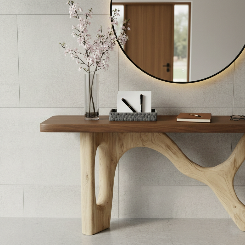 Industrial Timber Block Console Table – Solid Wood Brutalist Entryway Statement