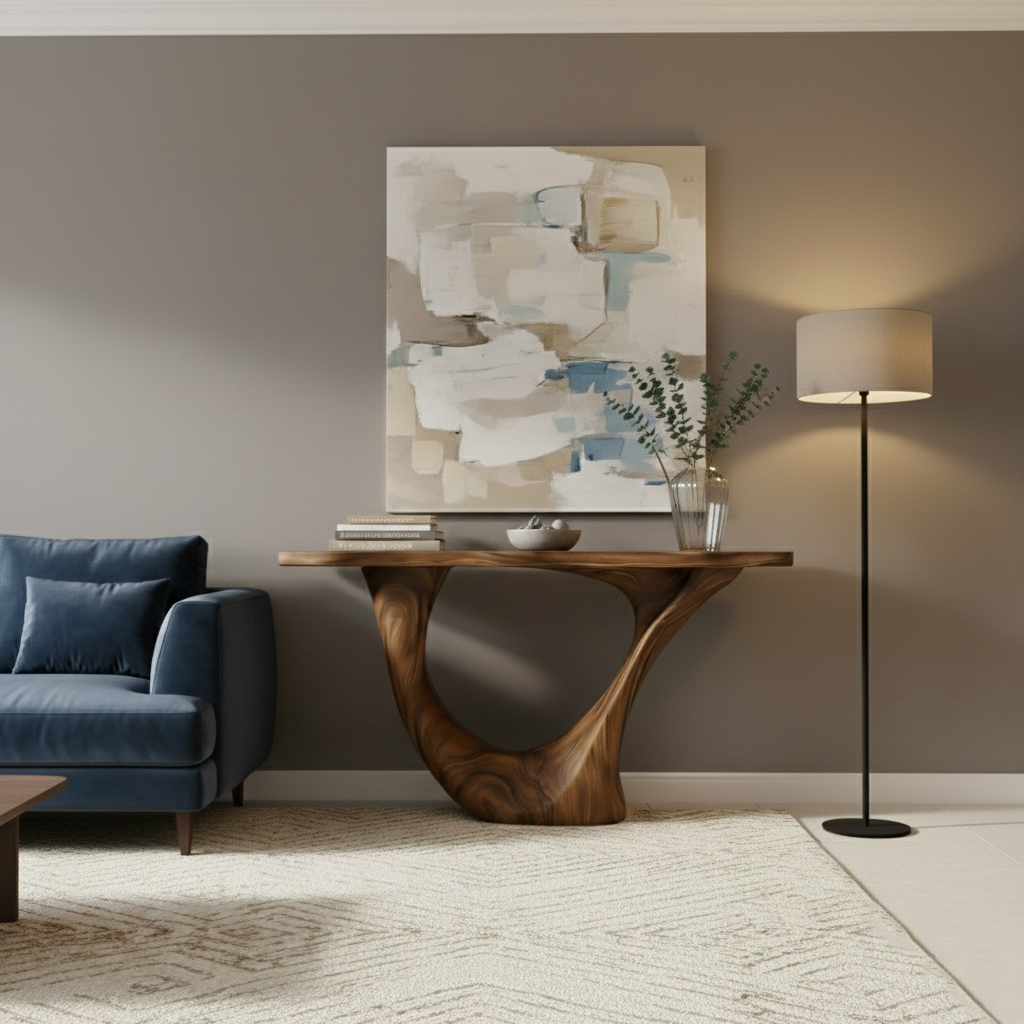 Industrial Block Solid Wood Console Table – Hand-Carved End-Grain Architectural Statement