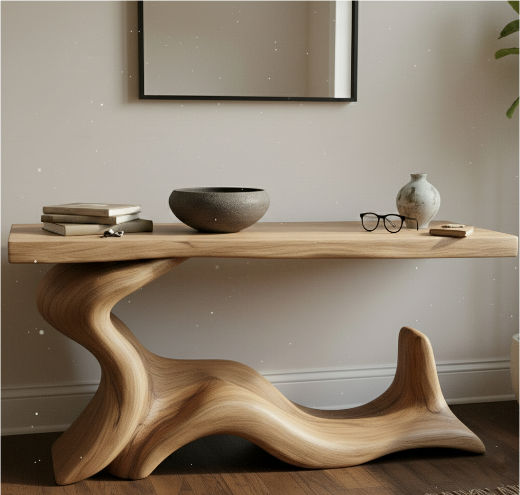 Solid Wood Sculptural Console Table – Brutalist or Biomorphic Root Design
