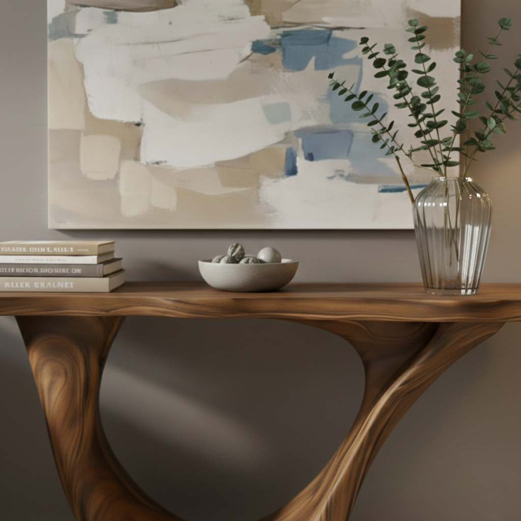 Industrial Block Solid Wood Console Table – Hand-Carved End-Grain Architectural Statement