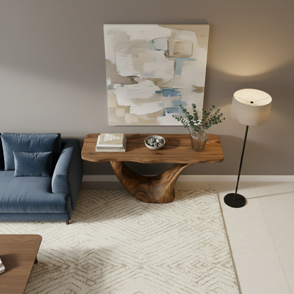 Industrial Block Solid Wood Console Table – Hand-Carved End-Grain Architectural Statement