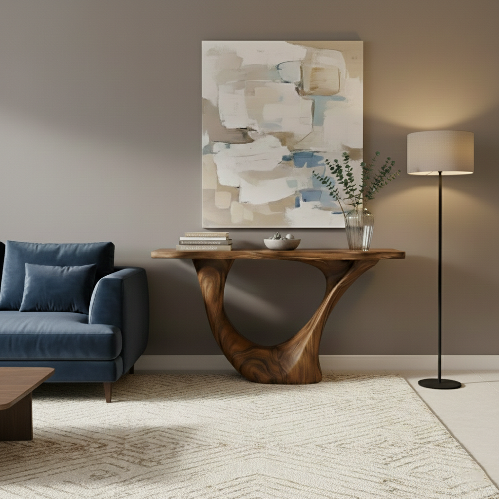 Industrial Block Solid Wood Console Table – Hand-Carved End-Grain Architectural Statement