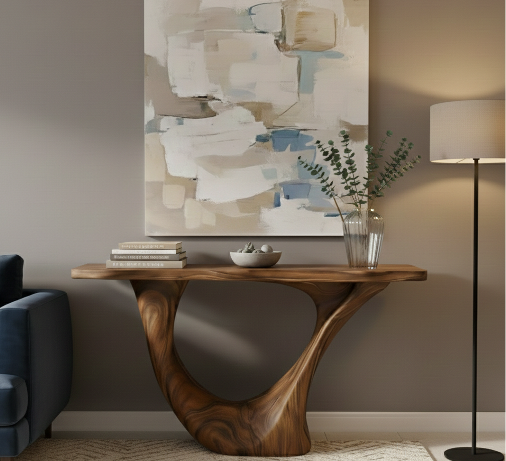 Industrial Block Solid Wood Console Table – Hand-Carved End-Grain Architectural Statement