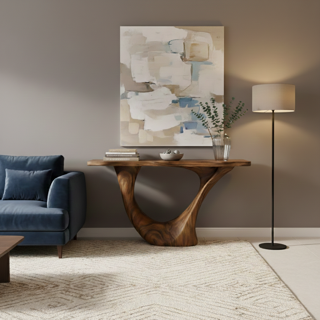 Industrial Block Solid Wood Console Table – Hand-Carved End-Grain Architectural Statement