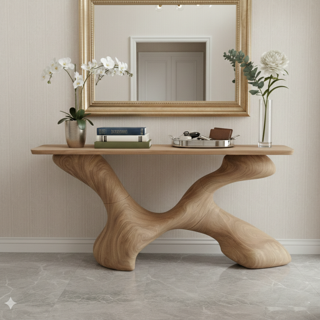 Fluid Sculptural Wood Console Table – Handcrafted Organic Modern Entryway Statement