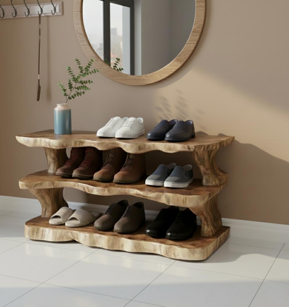 Tiered Live-Edge Solid Wood Shoe Rack – Sculptural 3-Level Entryway Organizer
