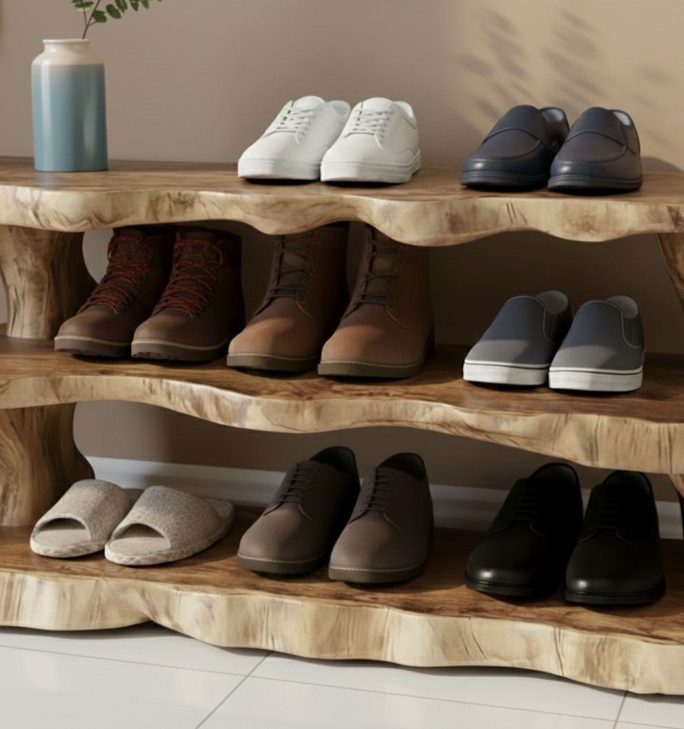 Tiered Live-Edge Solid Wood Shoe Rack – Sculptural 3-Level Entryway Organizer