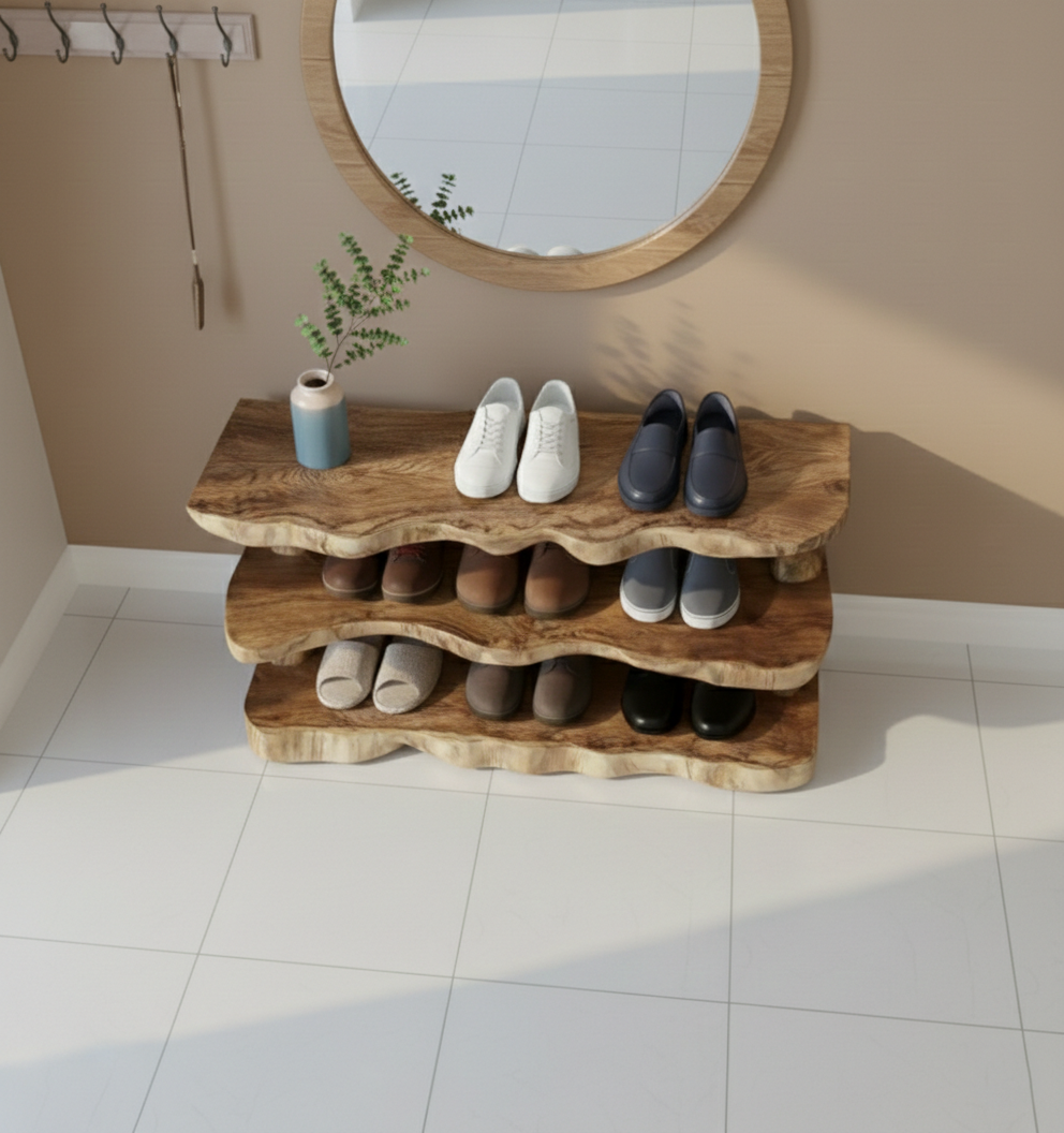 Tiered Live-Edge Solid Wood Shoe Rack – Sculptural 3-Level Entryway Organizer