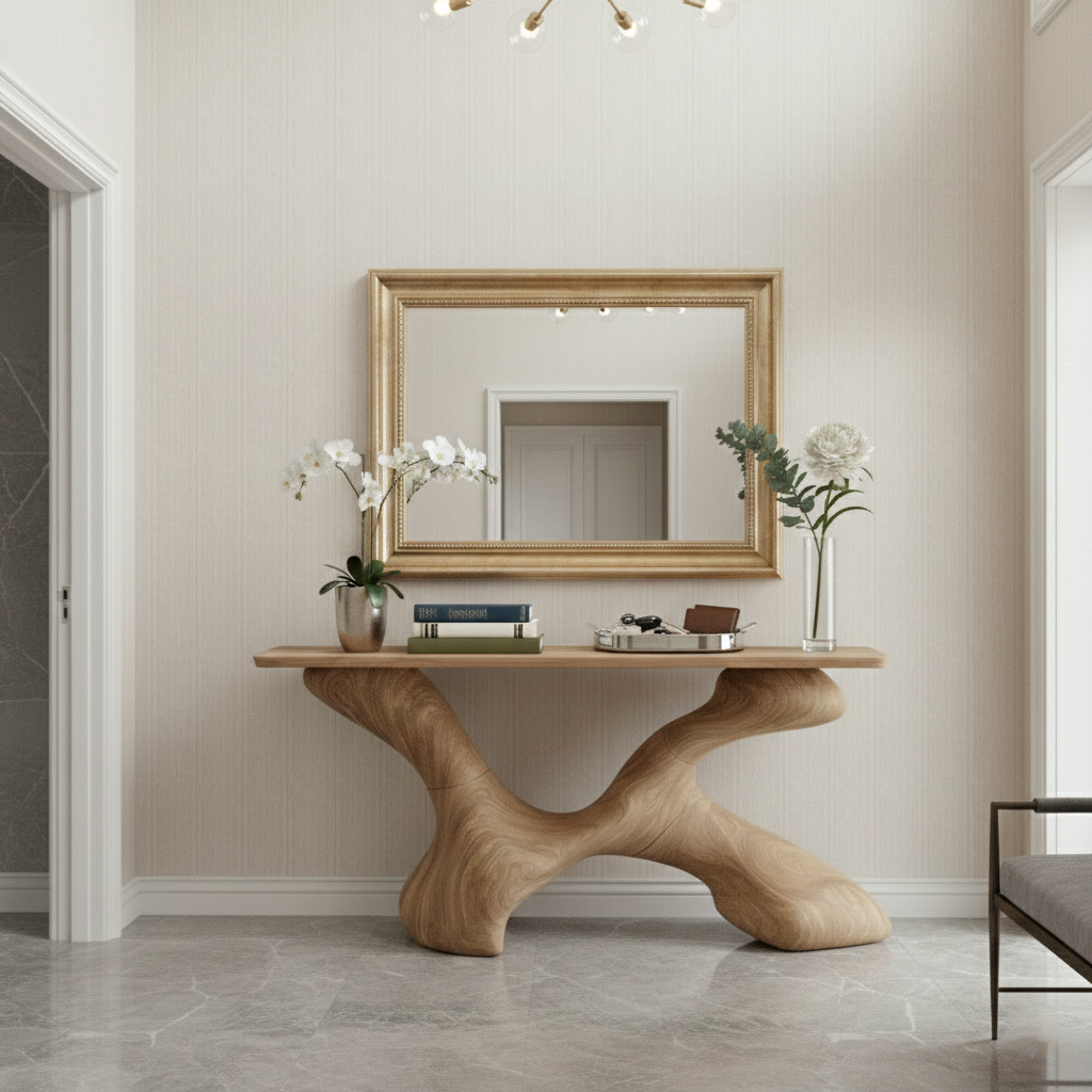 Fluid Sculptural Wood Console Table – Handcrafted Organic Modern Entryway Statement