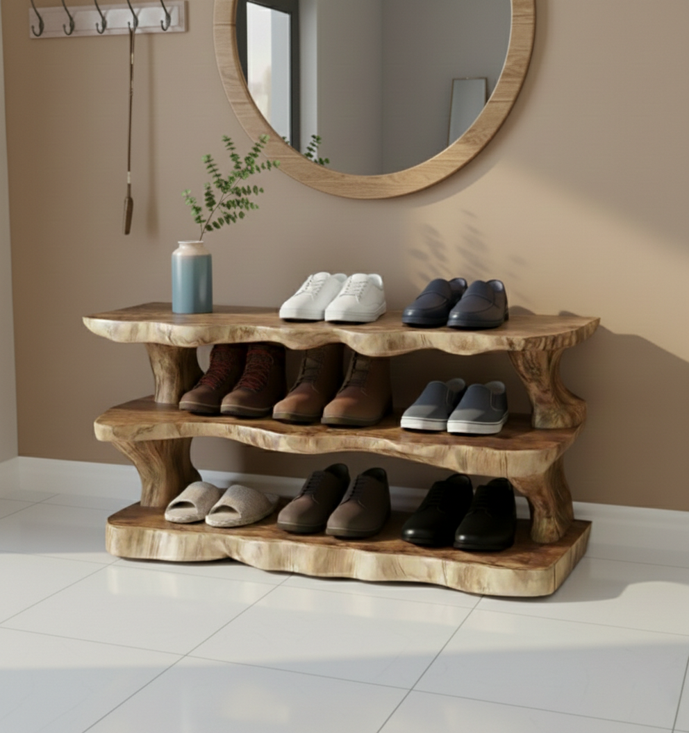 Tiered Live-Edge Solid Wood Shoe Rack – Sculptural 3-Level Entryway Organizer