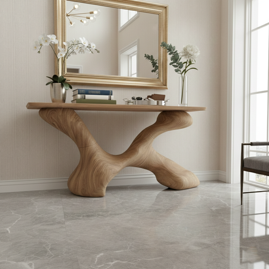 Fluid Sculptural Wood Console Table – Handcrafted Organic Modern Entryway Statement