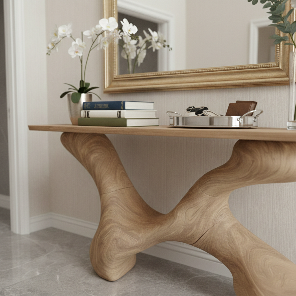 Fluid Sculptural Wood Console Table – Handcrafted Organic Modern Entryway Statement