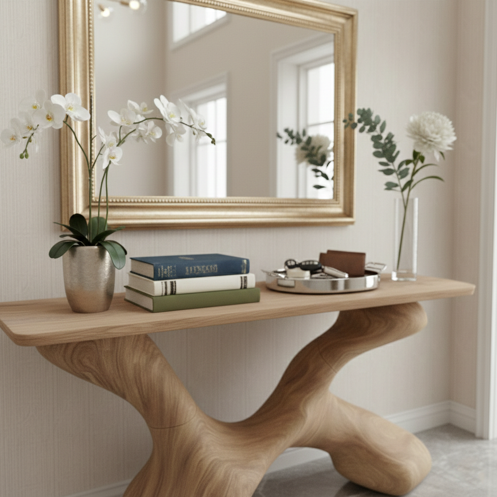 Fluid Sculptural Wood Console Table – Handcrafted Organic Modern Entryway Statement