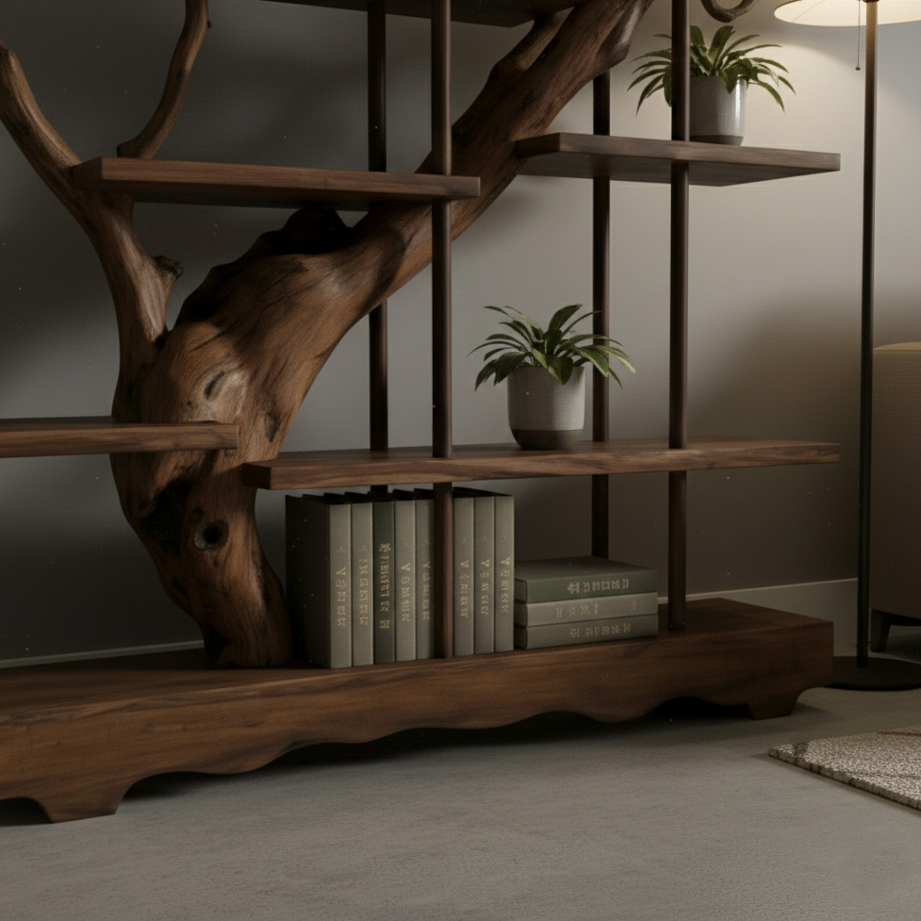 Asymmetrical Live-Edge Solid Wood Shelf – Architectural Room Divider Installation