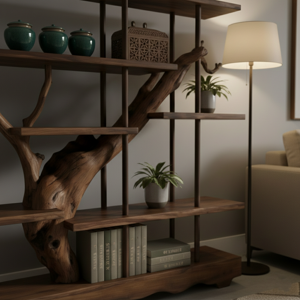 Asymmetrical Live-Edge Solid Wood Shelf – Architectural Room Divider Installation