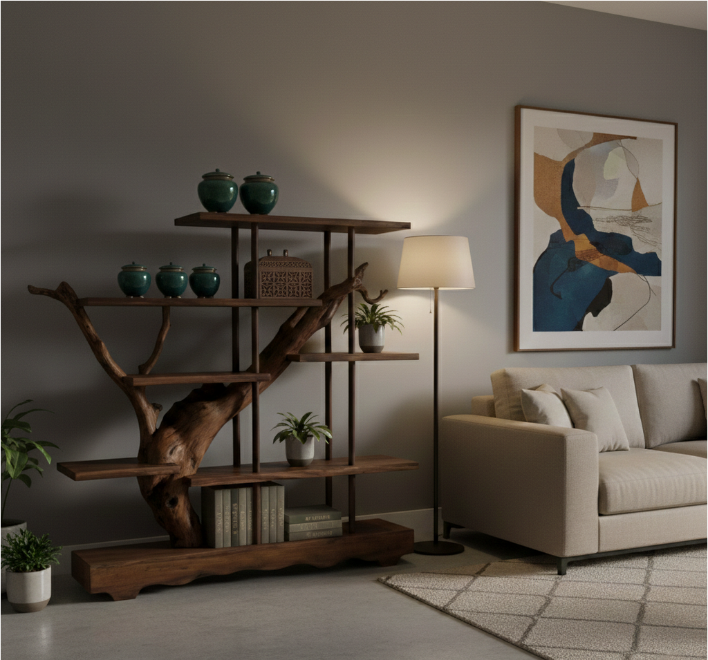 Asymmetrical Live-Edge Solid Wood Shelf – Architectural Room Divider Installation