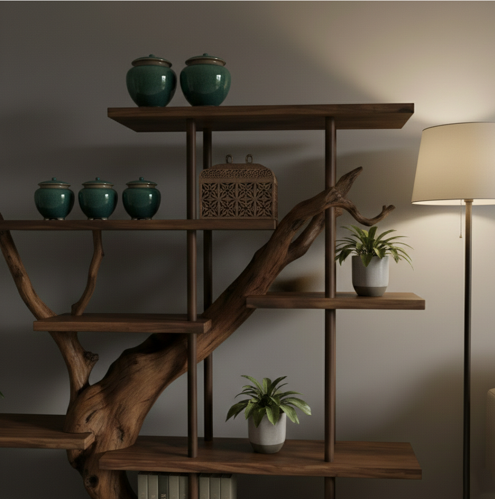 Asymmetrical Live-Edge Solid Wood Shelf – Architectural Room Divider Installation