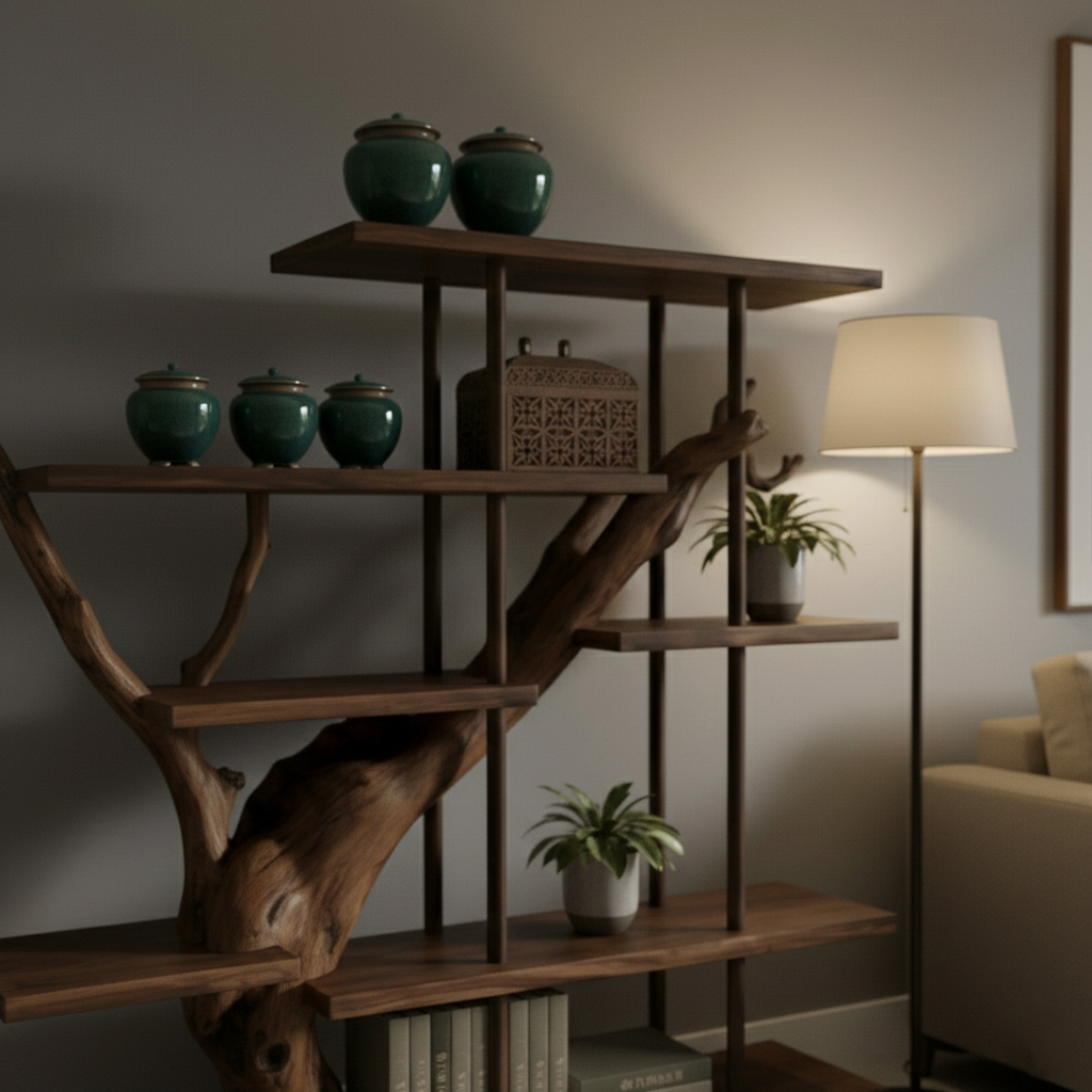 Asymmetrical Live-Edge Solid Wood Shelf – Architectural Room Divider Installation