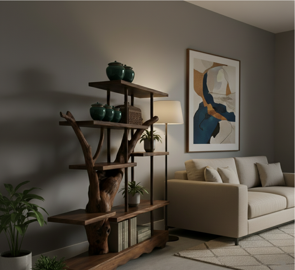 Asymmetrical Live-Edge Solid Wood Shelf – Architectural Room Divider Installation