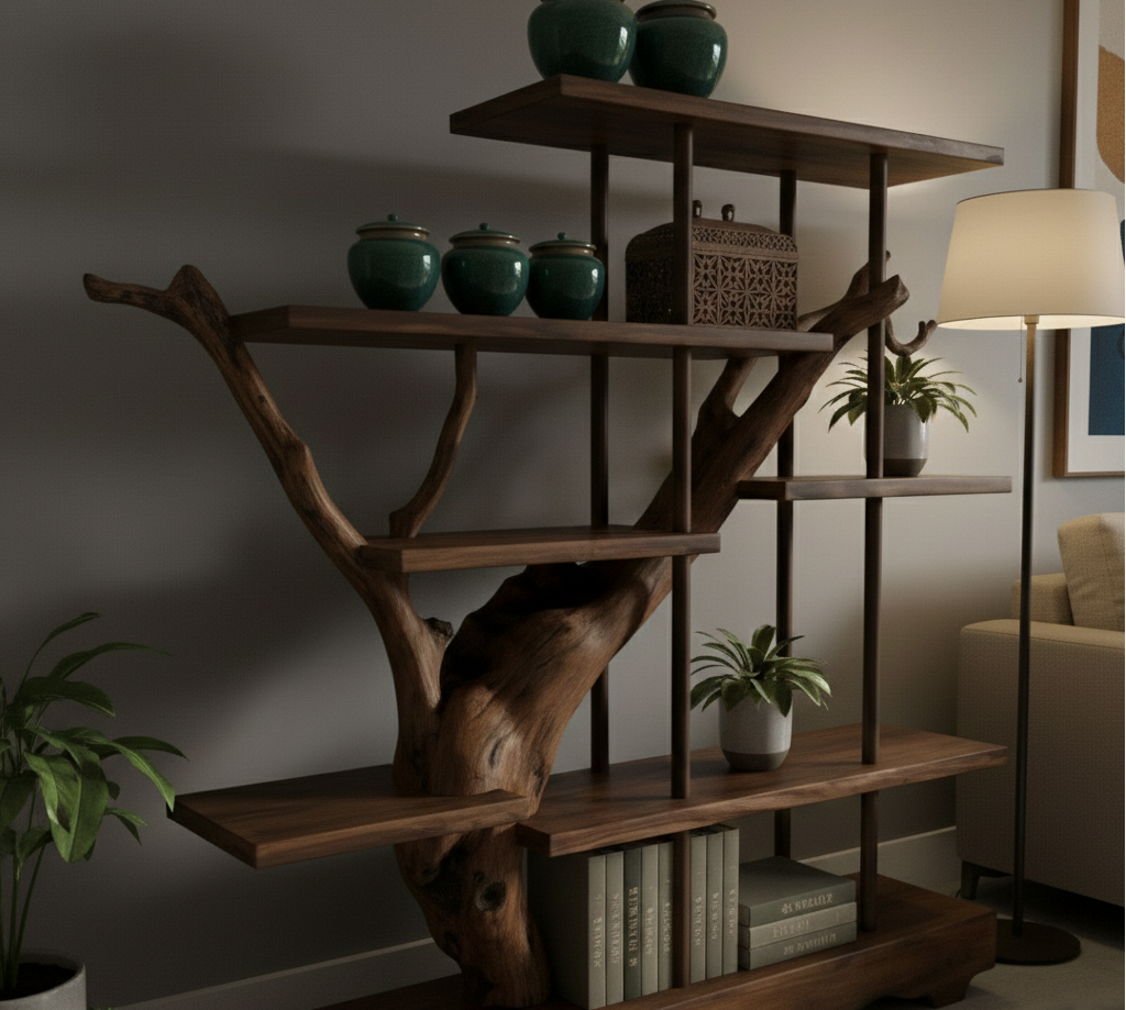 Asymmetrical Live-Edge Solid Wood Shelf – Architectural Room Divider Installation