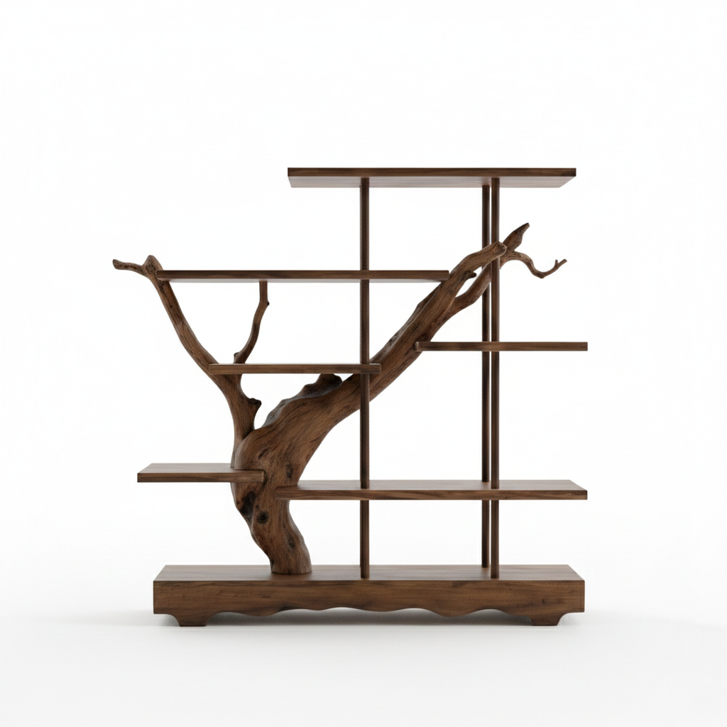 Asymmetrical Live-Edge Solid Wood Shelf – Architectural Room Divider Installation