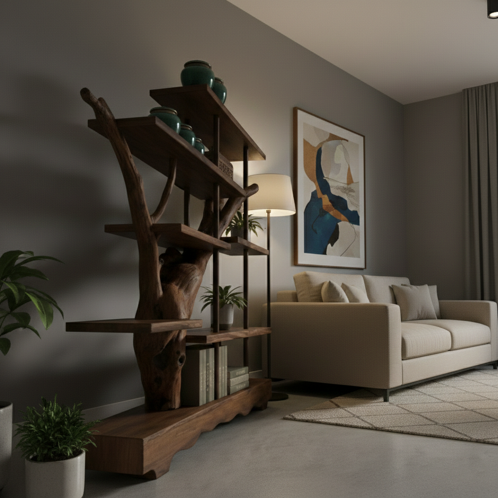 Asymmetrical Live-Edge Solid Wood Shelf – Architectural Room Divider Installation